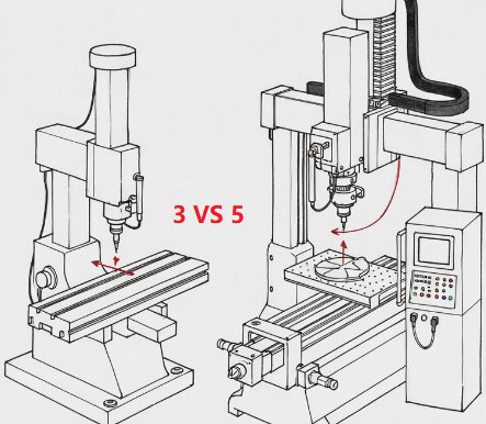 Comparison of 3-axis vs 5-axis CNC milling technical illustration