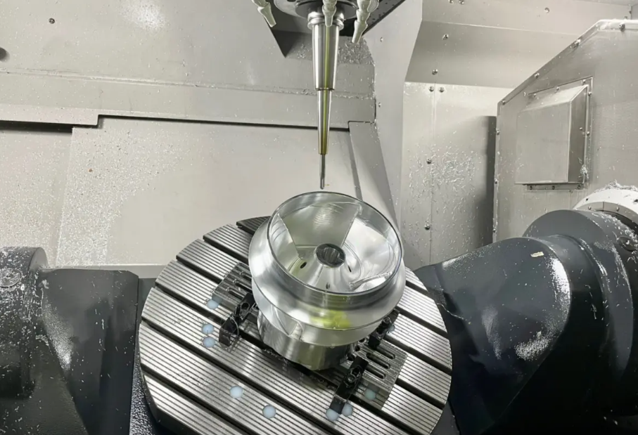 Advanced CNC machine producing precision-engineered components