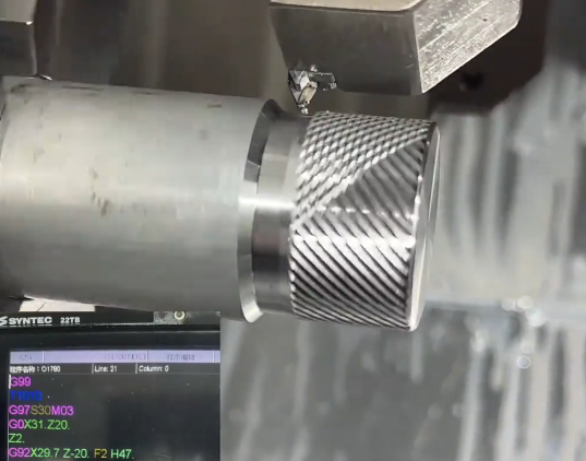 Precision knurling operation in CNC machining workshop
