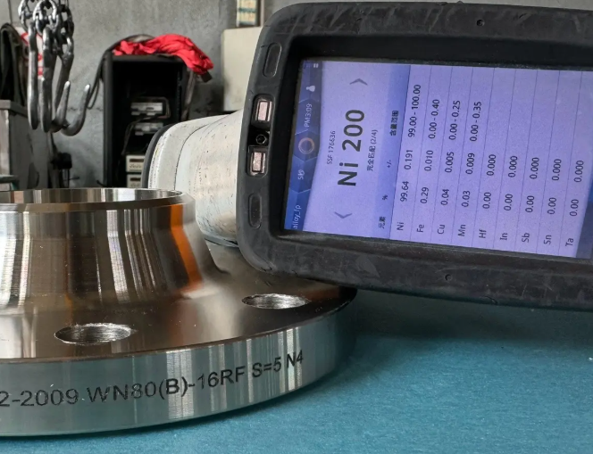 Close up texture of flange polished nickel alloy surface with metallic shine